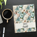 Flowers dusty green cream name script 2025 planner<br><div class="desc">A dusty green and cream coloured flower pattern.  Personalise and add a year (any year) and your name. The name is written with a modern hand lettered style script</div>