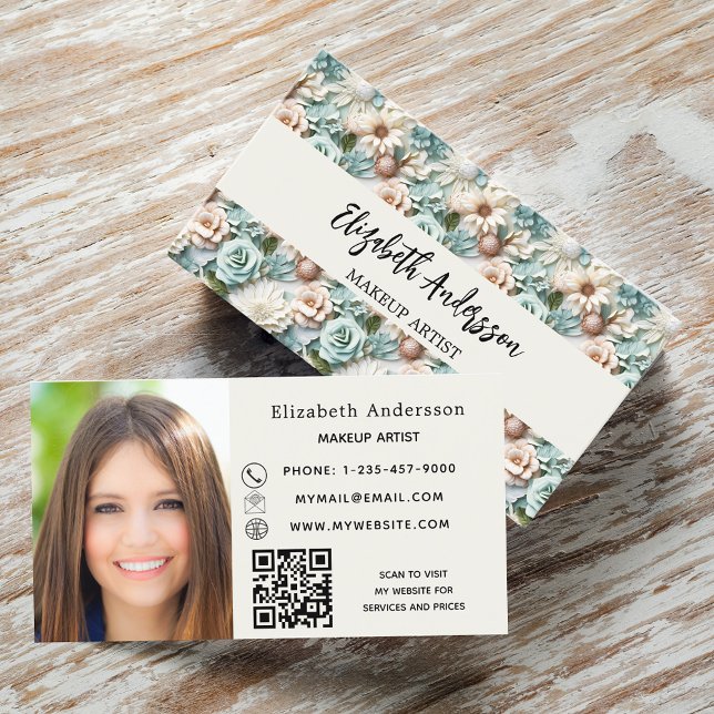 Flowers dusty green cream photo QR logo Business Card (Creator Uploaded)