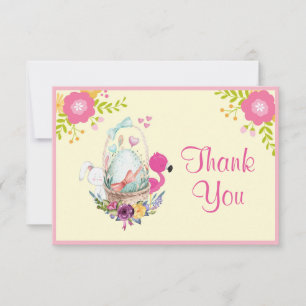 Flowers, Egg, Flamingo & Bunny Watercolor Thanks Invitation