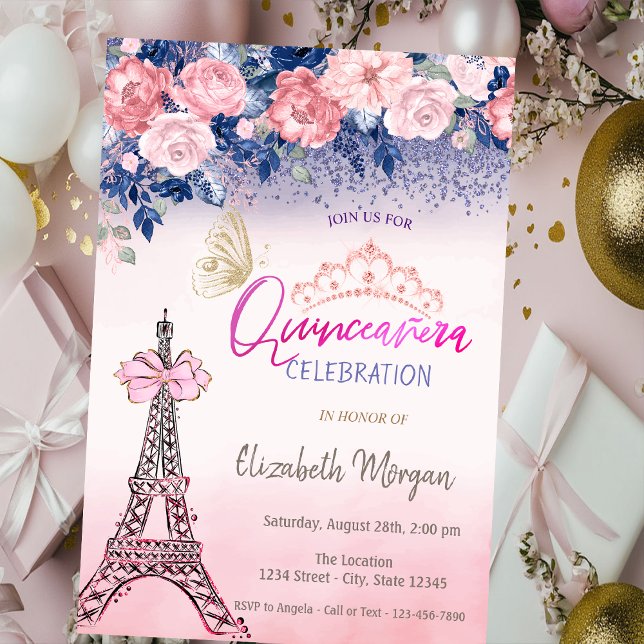 Flowers,Eiffel Tower Bow Butterfly Quinceanera  Invitation (Creator Uploaded)