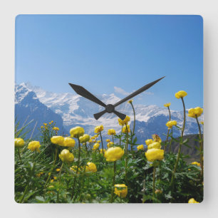 Flowers   Eiger Monch Swiss Alps Square Wall Clock