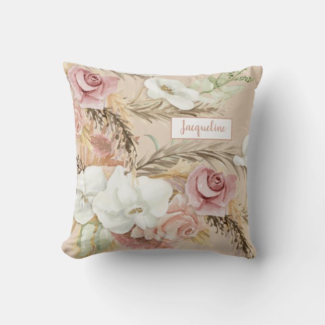 Flowers Elegant Pampas Blush Pink Rose Watercolor Cushion (Front)