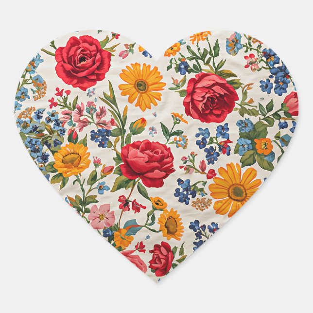 Flowers Everywhere, colorful design, Heart Sticker (Front)