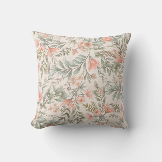 Flowers Everywhere Peach and Blue Sage Throw Pillo Cushion (Front)