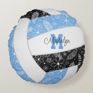 flowers feathers paislies lt blue black volleyball round cushion