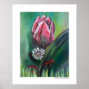 Flowers Figurative Pink Tulip White Daisy Painting Poster