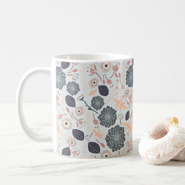 Flowers Floral Grey Blue Peach  Coffee Mug (With Donut)