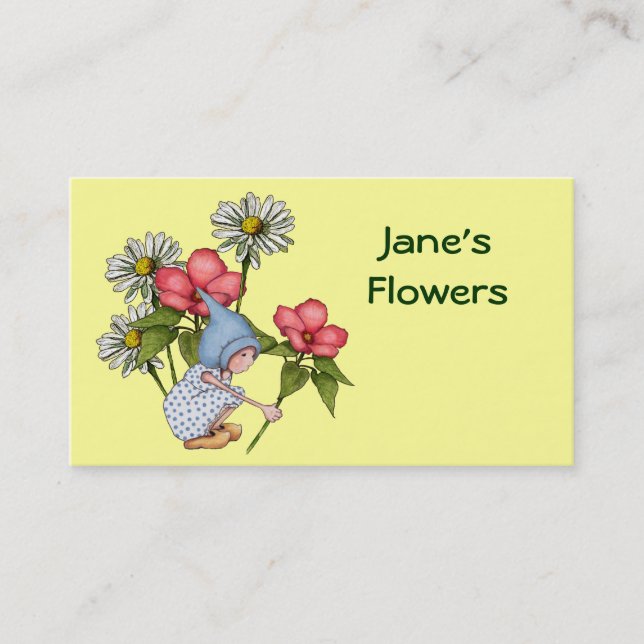Flowers, Floral Shop: Cute Gnome Girl, Daisies Business Card (Front)