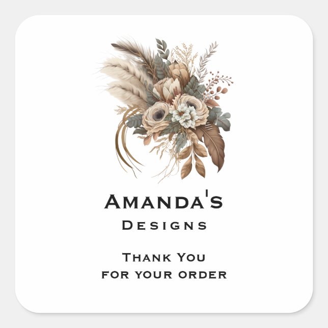 Flowers Foliage and Feathers Thank You Business Square Sticker (Front)