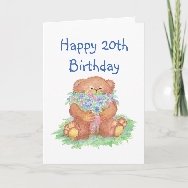 Flowers for 20th Birthday, Teddy Bear Card (Front)