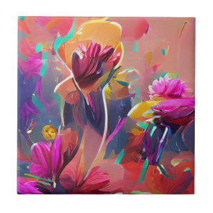 Flowers fuchsia yellow pink digital art ceramic tile