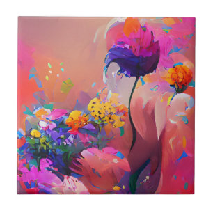 Flowers fuchsia yellow purple digital art ceramic tile