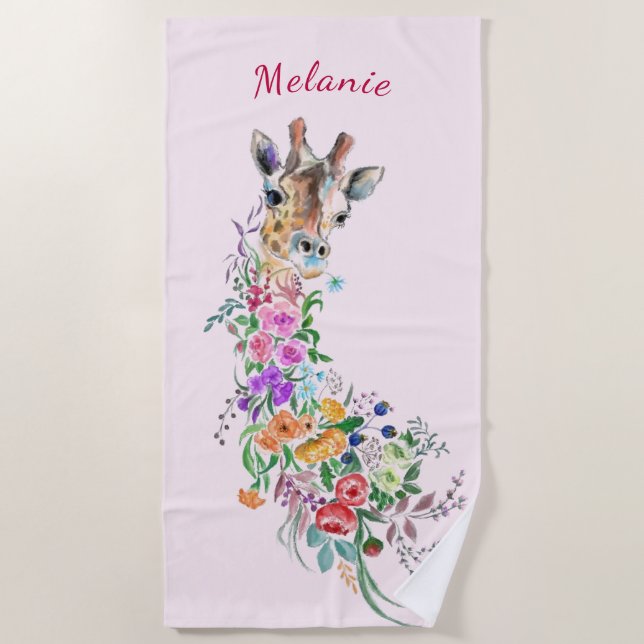 Flowers Giraffe Beach Towel Gift Custom Name (Front)
