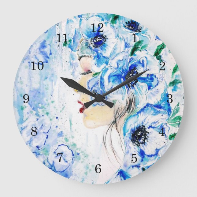 Flowers Girl Wall Clock - Blue Fantasy - Painting (Front)