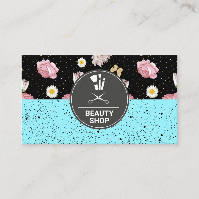 Flowers Glitter Butterflies | Speckled Background Business Card (Front)