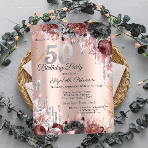 Flowers Glitter Drips Rose Gold 50th Birthday Invitation