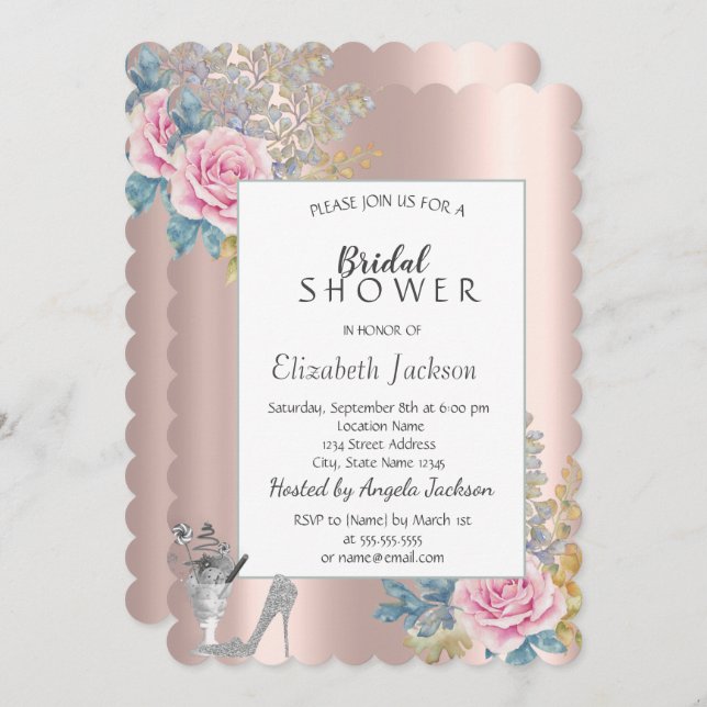 Flowers,Glitter High Heels Rose Gold Bridal Shower Invitation (Front/Back)