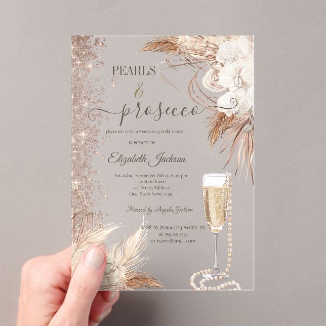 Flowers Glitter Pearls & Prosecco Bridal Shower Acrylic Invitations (Insitu (Handheld))