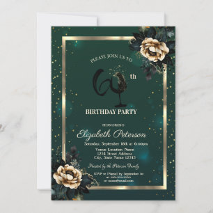 Flowers Gold Frame Green Wine Glass 60th Invitation