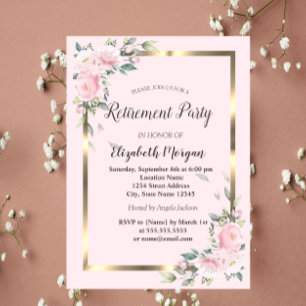 Flowers Gold Frame Pink Retirement Invitation