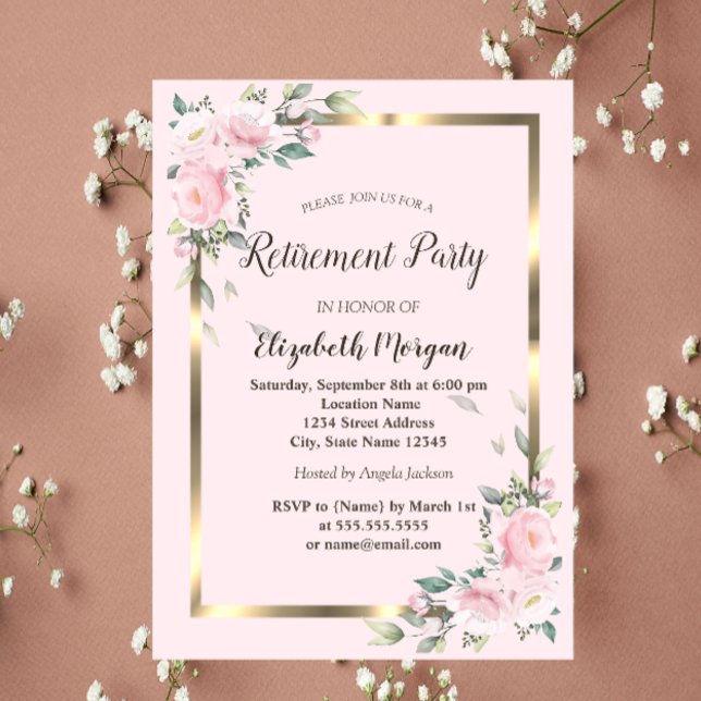 Flowers Gold Frame Pink Retirement  Invitation (Creator Uploaded)