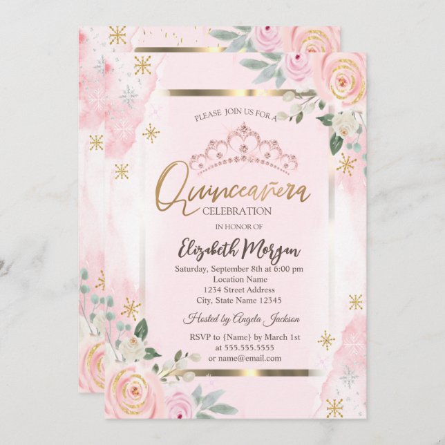  Flowers Gold Frame Pink Roses Quinceañera Invitation (Front/Back)