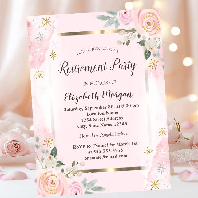  Flowers Gold Frame Pink Roses Retirement   Invitation (Creator Uploaded)