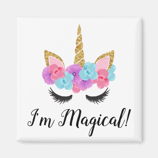 Flowers Gold Magical Unicorn Girls Magnet (Front)