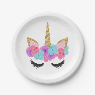 Flowers Gold Magical Unicorn Girls Paper Plate