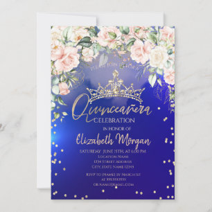 Flowers Gold Tiara Diamonds Blue Quinceañera Invitation