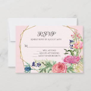 Flowers Gold Watercolor Geometric Pink Navy RSVP Card
