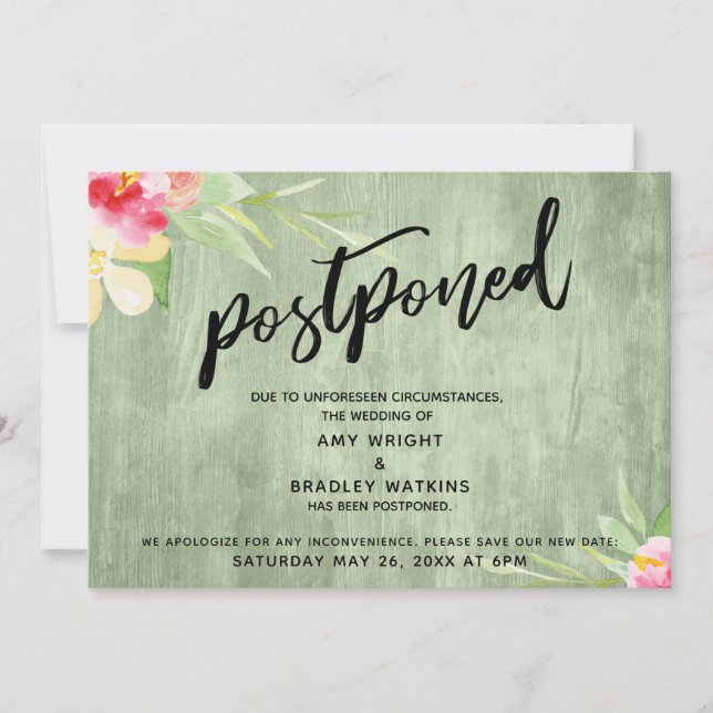 Flowers Green Wood Handwriting Postponed Wedding Invitation (Front)