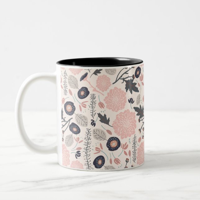 Flowers Grey Pink Black Playful Tossed  Two-Tone Coffee Mug (Left)