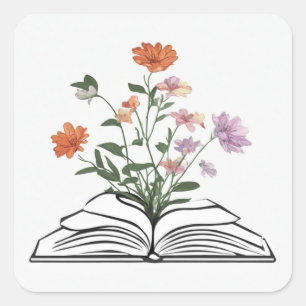 flowers growing from book square sticker