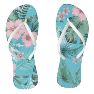 Flowers Hawaiian Tropical Pattern Light Blue Thongs