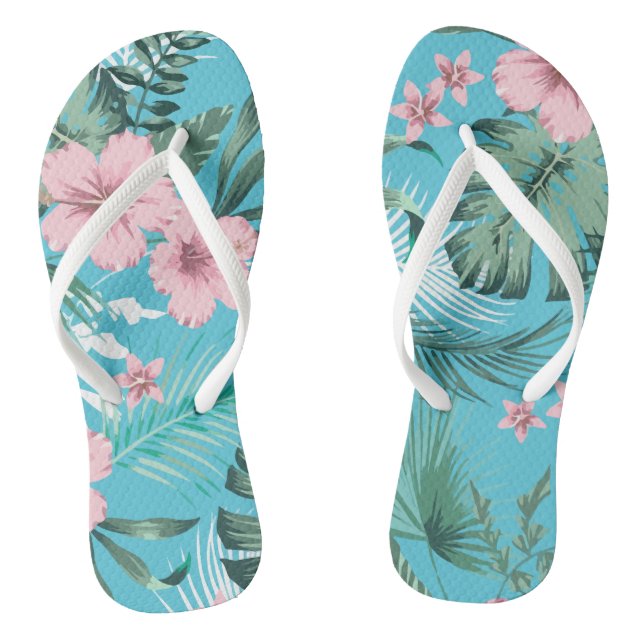 Flowers Hawaiian Tropical Pattern Light Blue Thongs (Footbed)