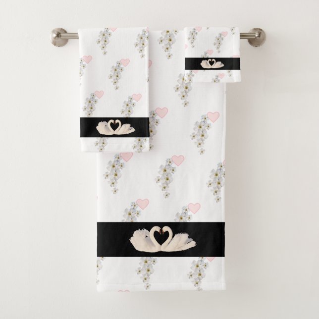 Flowers, Heart & Swan Couple on Black & White Bath Towel Set (Insitu)