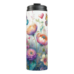 Flowers, hearts and butterflies thermal tumbler