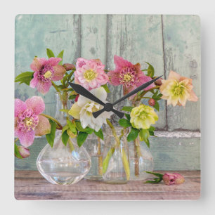 Flowers Hellebores in Vases Square Wall Clock