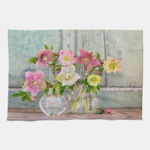 Flowers Hellebores in Vases Tea Towel