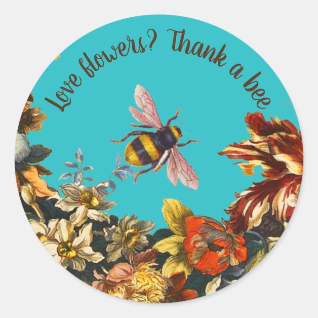 FLOWERS ,HONEY BEE IN BLUE SKY FLORAL BEEKEEPING CLASSIC ROUND STICKER (Front)