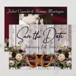Flowers & Horseshoes, Burgundy Ribbon Wedding Save The Date