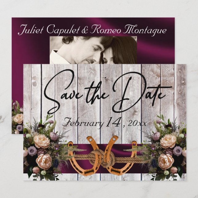 Flowers & Horseshoes, Purple Ribbon Wedding Save The Date (Front/Back)