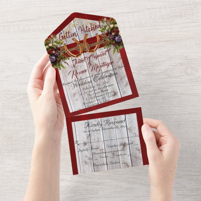 Flowers & Horseshoes, Red Ribbon All In One Invitation (Tearaway)