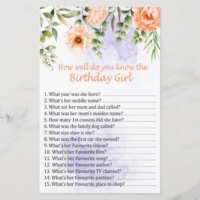 Flowers How well do you know the birthday girl (Front)