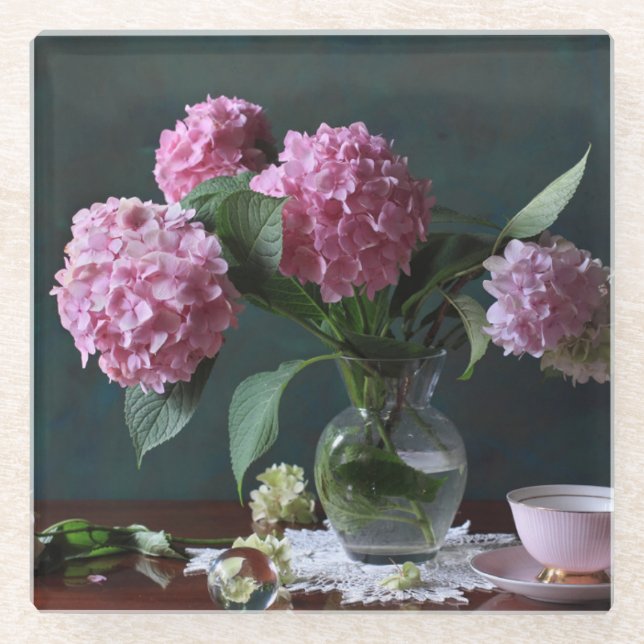 Flowers | Hydrangeas in Vase Glass Coaster (Front)