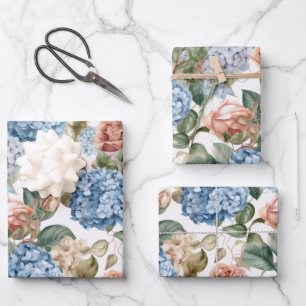 Flowers,hydrangeas,vintage roses,pink roses wrapping paper sheet