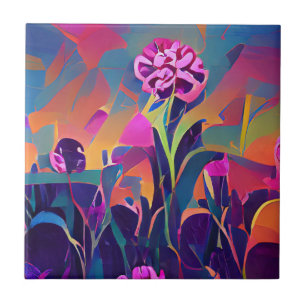 Flowers in a field bright abstract digital art ceramic tile