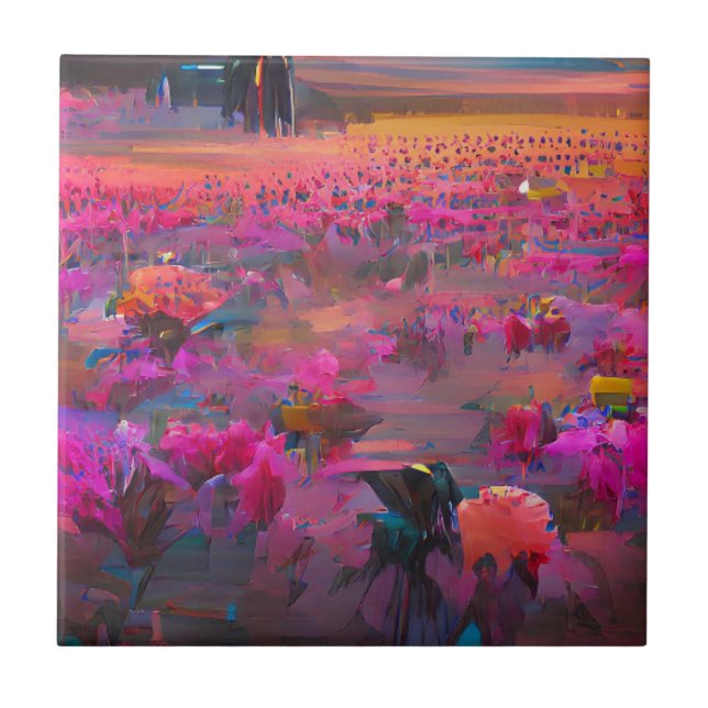 Flowers in a field bright fuschia digital art  ceramic tile (Front)
