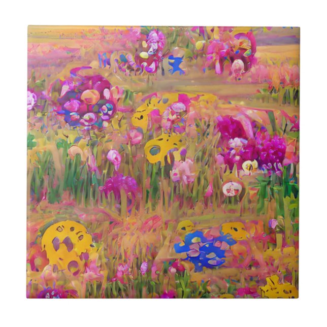 Flowers in a field bright psychedelic digital art  ceramic tile (Front)